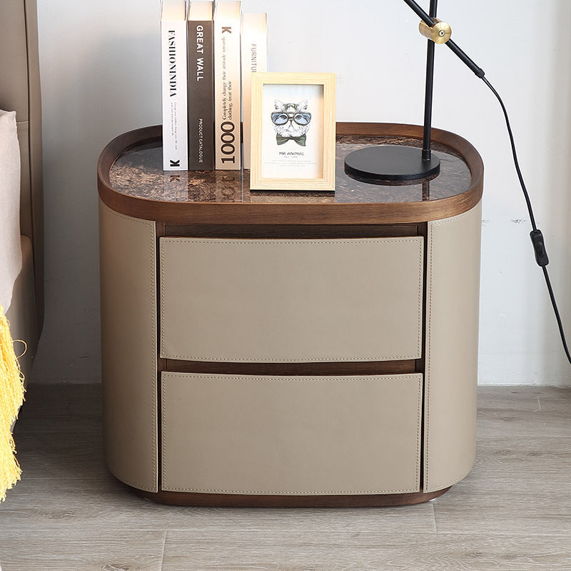 Modern Minimalist Elliptical Slate Saddle Leather Walnut Velvet Nightstand 2-Drawer For Bedside