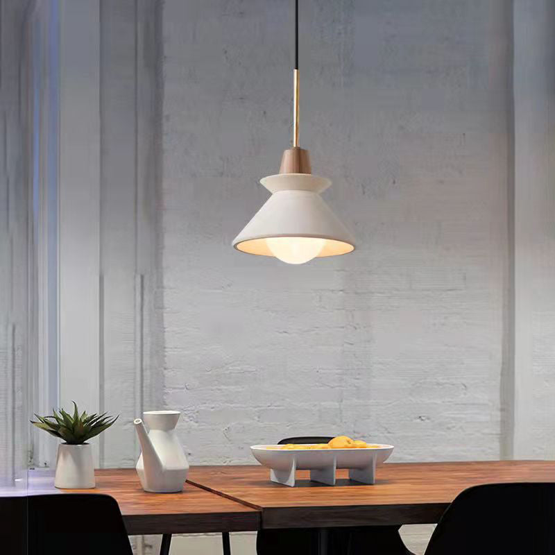 Contemporary Industrial Round Cone Hardware Glass Cement Wood 1-Light Pendant Light For Living Room