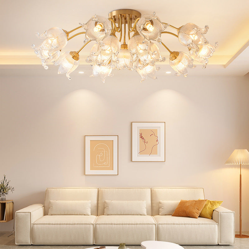 Traditional European Copper Glass Flower 5/12/15 Light Semi-Flush Mount Ceiling Light For Living Room