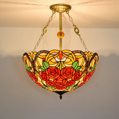 Traditional Tiffany Stained Glass Rose Flower Iron 3-Light Chandelier For Living Room