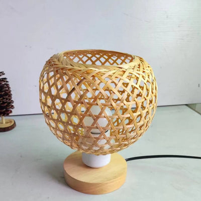 Traditional Chinese Bamboo Weaving Wood Cage Shape 1-Light Table Lamp For Study