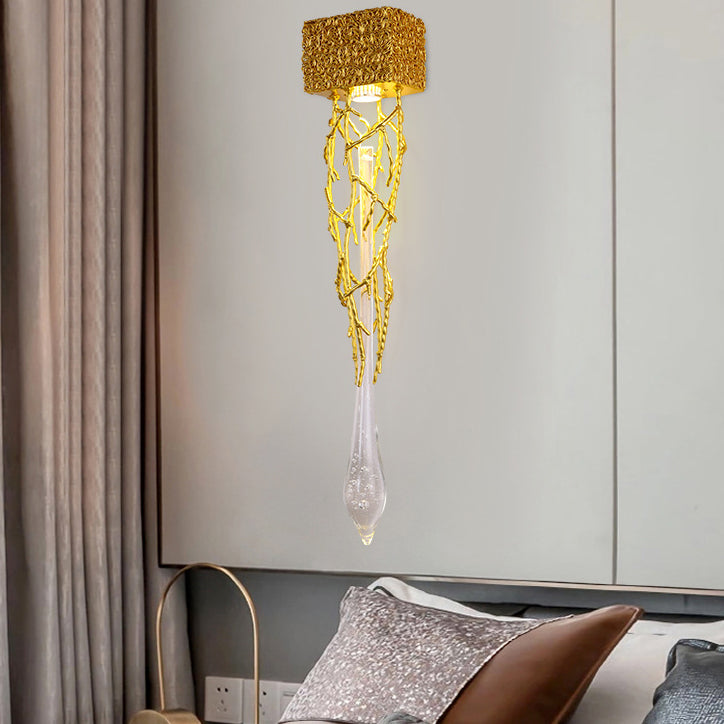 Contemporary Luxury Iron Copper Crystal Branch Drop 1-Light Wall Sconce Lamp For Living Room