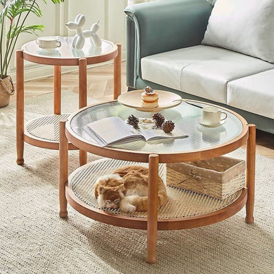 Modern Minimalist Round Solid Wood Glass Rattan Coffee Table 2-Tier For Living Room