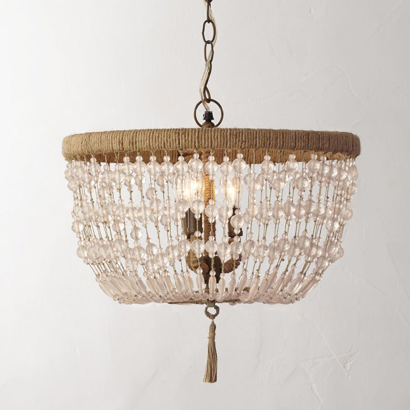 Traditional Rustic Round Hemp Rope Weaving Crystal 3-Light Chandelier For Living Room