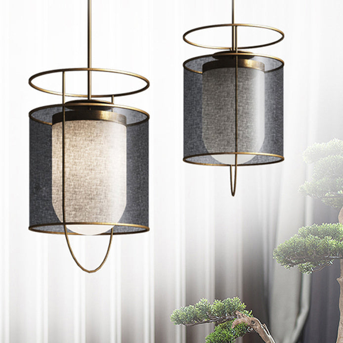 Modern Minimalist Cylinder Lantern Iron PVC LED Pendant Light For Living Room