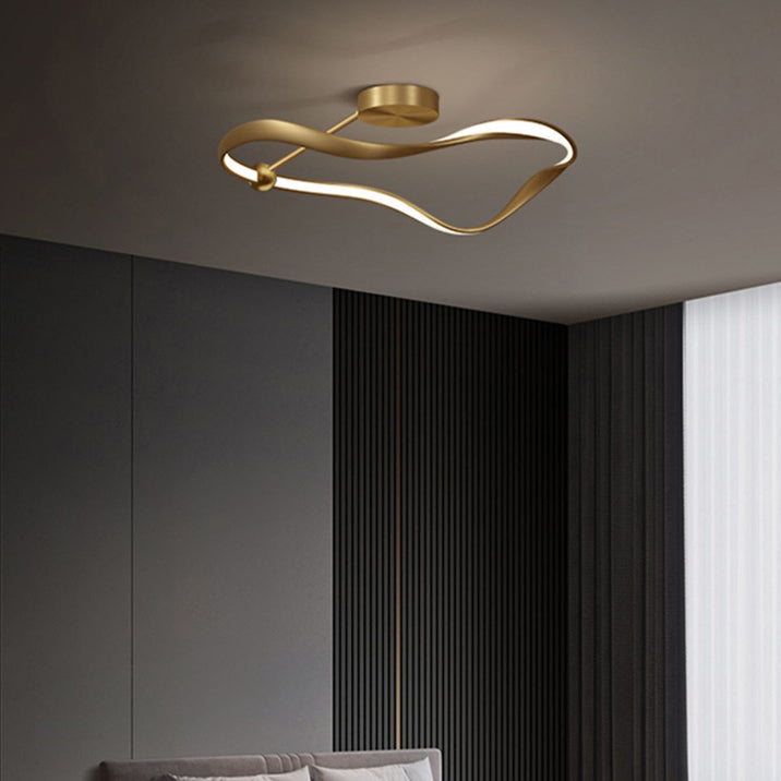 Modern Minimalist Wave Round Full Copper Acrylic LED Semi-Flush Mount Ceiling Light For Bedroom