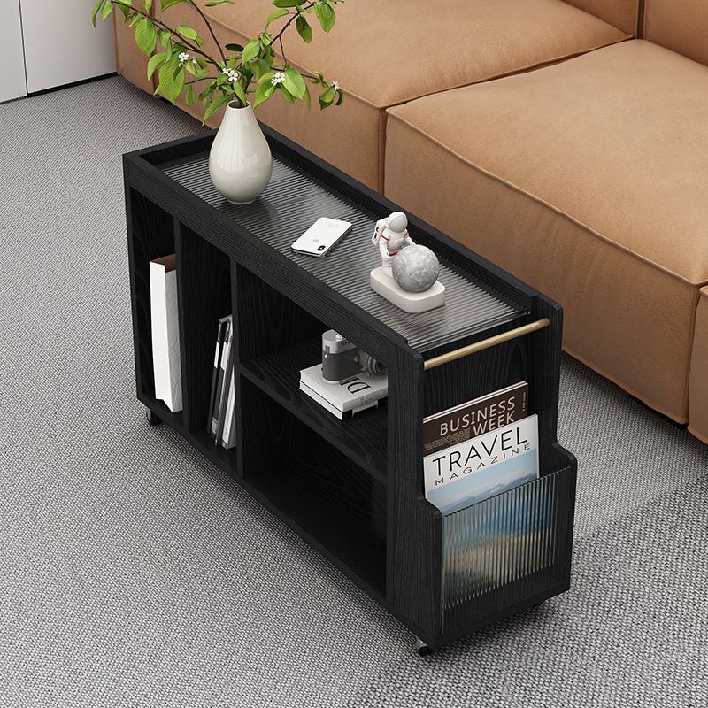 Contemporary Simplicity Rectangle Tempered Glass Top Wood Side Table 5-Cabinet Casters For Living Room