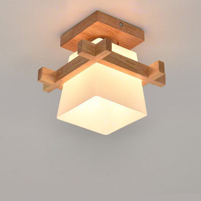 Traditional Japanese Wood Frame Glass Column 1-Light Semi-Flush Mount Ceiling Light For Living Room