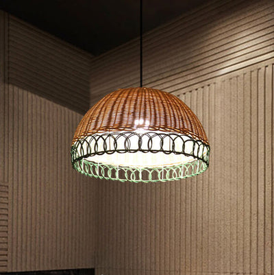 Traditional Japanese Rattan Weaving Round 1-Light Pendant Light For Living Room