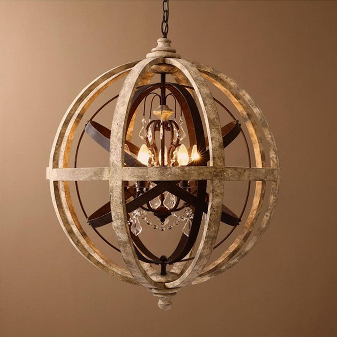 Traditional Rustic Weathered Wooden Sphere Crystal Decor 4/5-Light Chandelier For Living Room