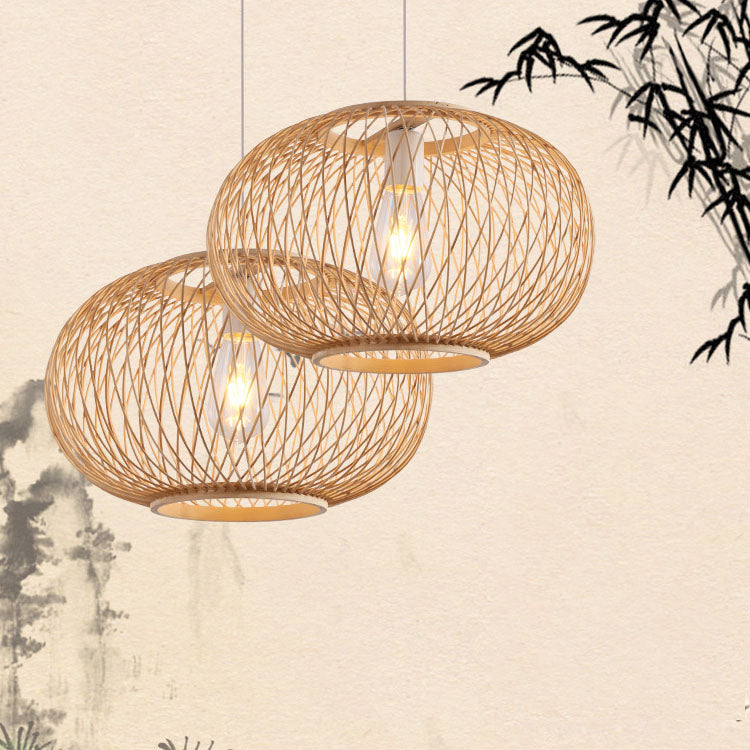 Traditional Japanese Weaving Bamboo Iron Ball Lantern 1-Light Pendant Light For Dining Room