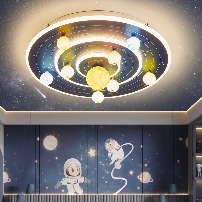 Contemporary Creative Kids Round Planet Iron Acrylic LED Flush Mount Ceiling Light For Bedroom