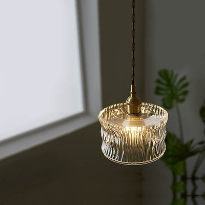 Modern Minimalist Lantern Carved Glass Copper 1-Light Pendant Light