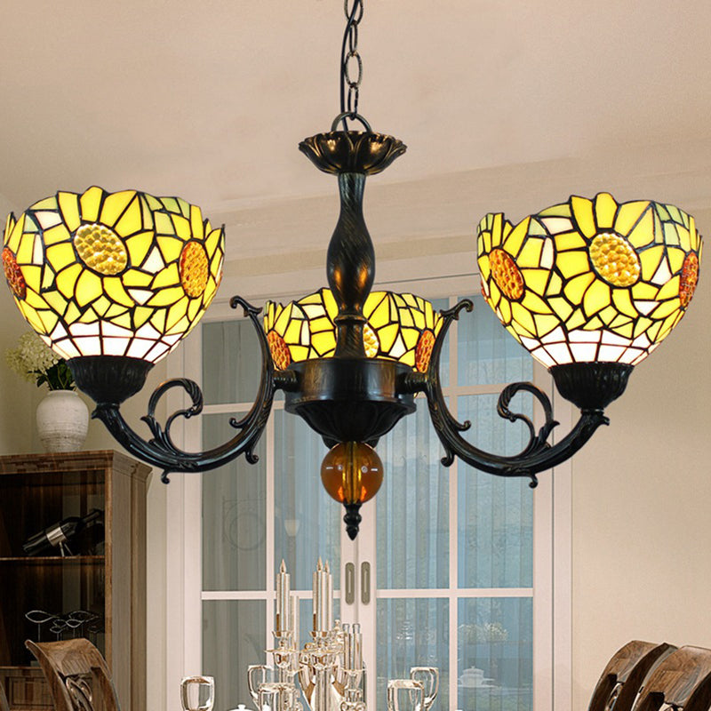 Traditional Tiffany Pastoral Yellow Sun Flower Pattern Stained Glass 3-Light Chandelier For Dining Room