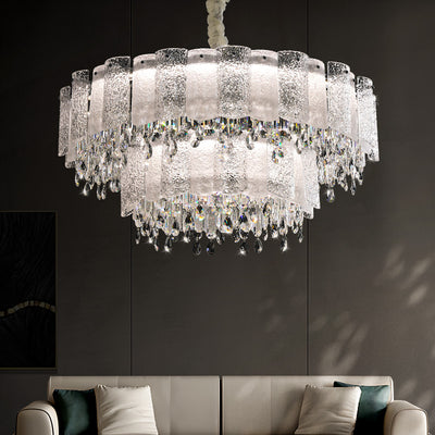 Traditional French Round Ripple Metal Crystal Glass LED Chandeliers For Living Room