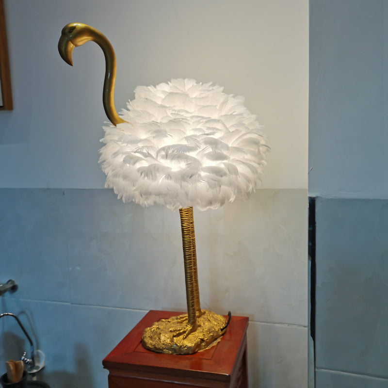 Contemporary Nordic Goose Feather Metal Flamingo Ball 1-Light Table Lamp For Bedside