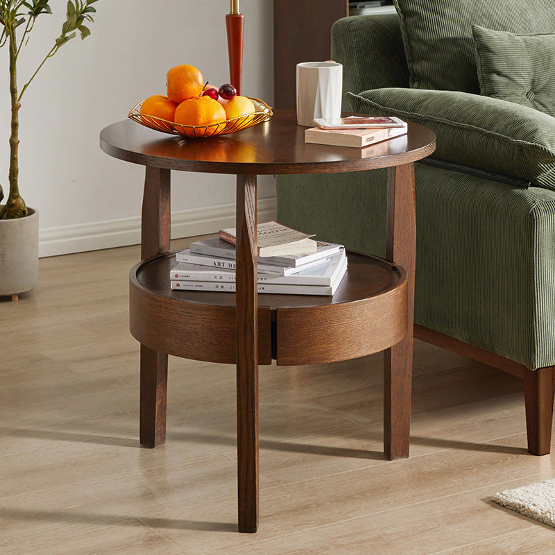 Contemporary Retro Antique Oak Wood Circular End Table 2-Tier Drawer For Living Room