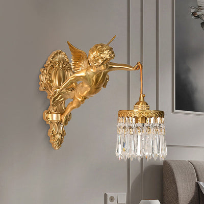 French Light Luxury Crystal Brass Flower Angel Shape 1-Light Wall Sconce Lamp