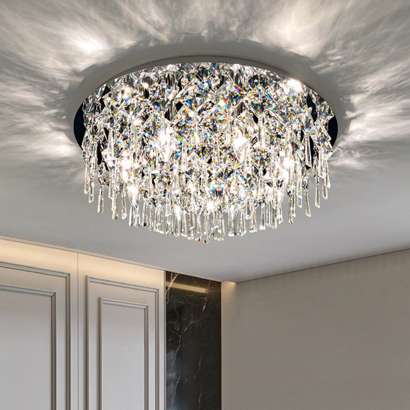 Contemporary Luxury Dazzling Prismatic Crystal Strings Stainless Steel Round Frame 2/6/8-Light Flush Mount Ceiling Light For Living Room