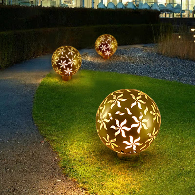 Contemporary Industrial Solar Stainless Steel Carved Sphere 1-Light Post Light Lawn Landscape Light For Outdoor Patio