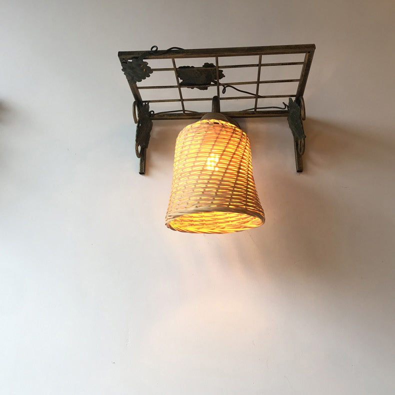 Traditional Rustic Rectangular Grid Cylinder Iron Bamboo Woven 1-Light Wall Sconce Lamp For Living Room