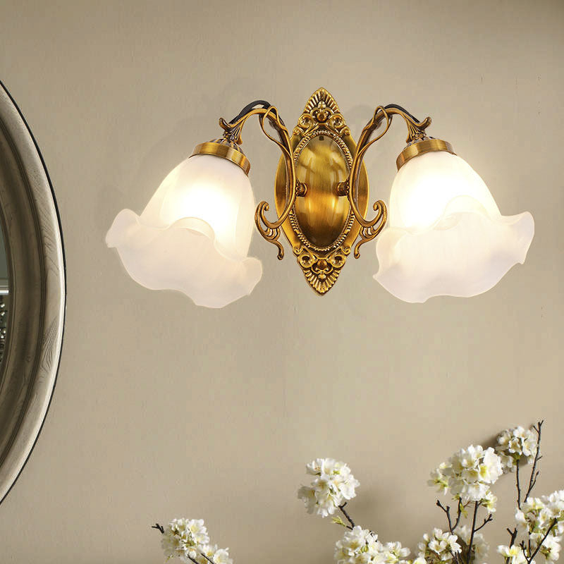 Traditional European Iron Glass Flower 2-Light Wall Sconce Lamp For Living Room