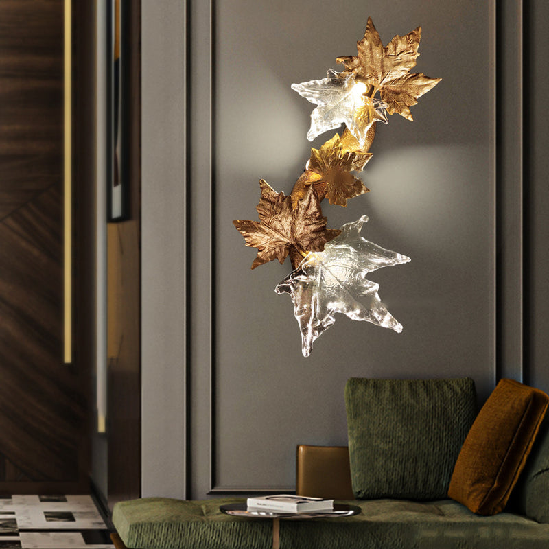 Contemporary Creative Copper Glass Splicing Maple Leaves Design 2-Light Wall Sconce Lamp For Living Room