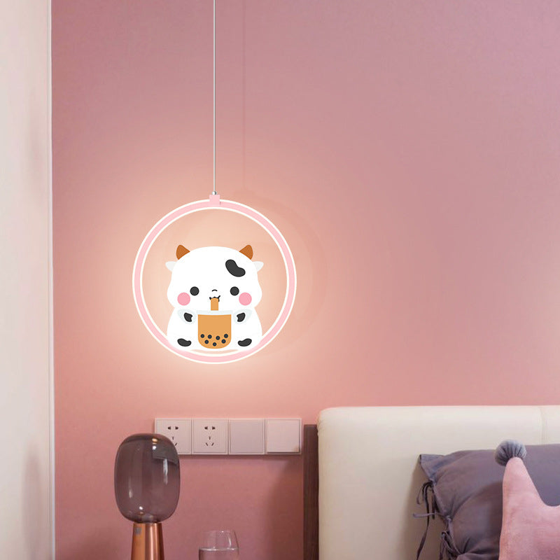 Modern Simplicity Kids Aluminum Iron Acrylic Circle Bear Cow LED Pendant Light For Bedside