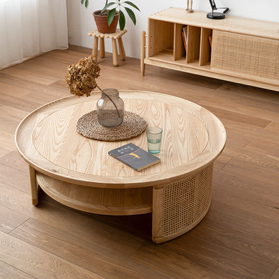 Contemporary Nordic Round Wood Rattan Coffee Table 2-Tier For Living Room