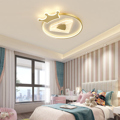 Modern Art Deco Crown Diamond Round Acrylic Iron LED Flush Mount Ceiling Light For Bedroom