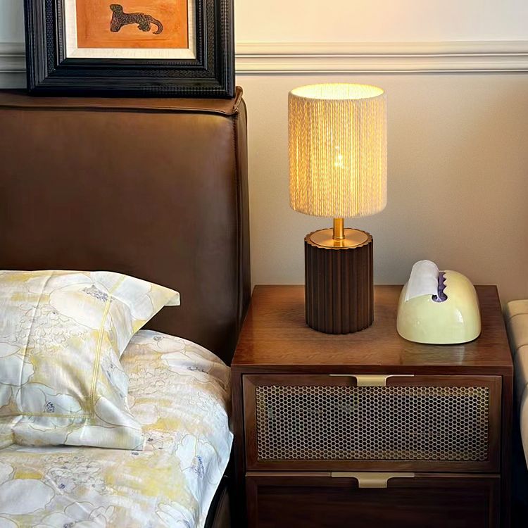 Traditional Japanese Round Cylinder Paper Rope Wood 1-Light Table Lamp For Bedroom