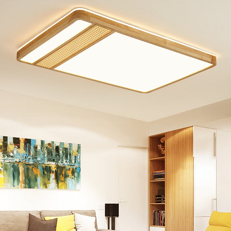 Modern Minimalist Square Solid Wood Acrylic LED Flush Mount Ceiling Light For Living Room