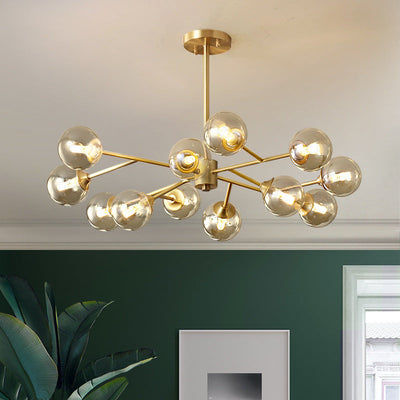 Modern Mid-century Brass Frame Molecular Glass Ball Shade 6/9/12/15-Light Chandelier For Living Room