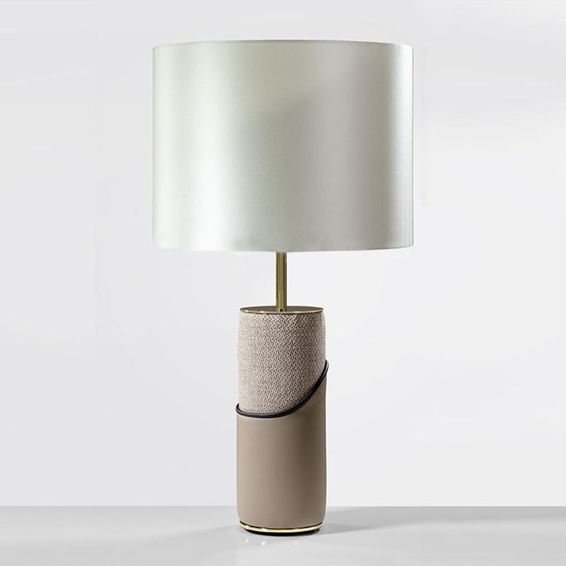 Modern Transitional Fabric Shade Leather Cylinder Base 1-Light Table Lamp For Bedroom