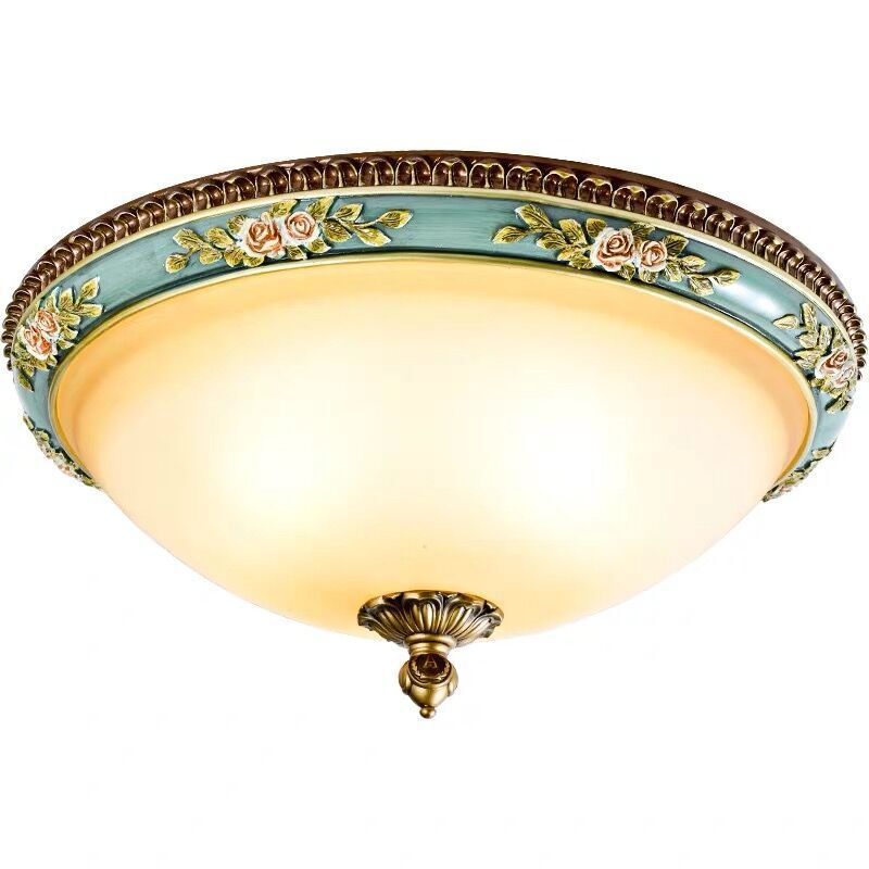 Traditional European Engraved Resin Frame Glass Dome Shade 2-Light Flush Mount Ceiling Light For Living Room