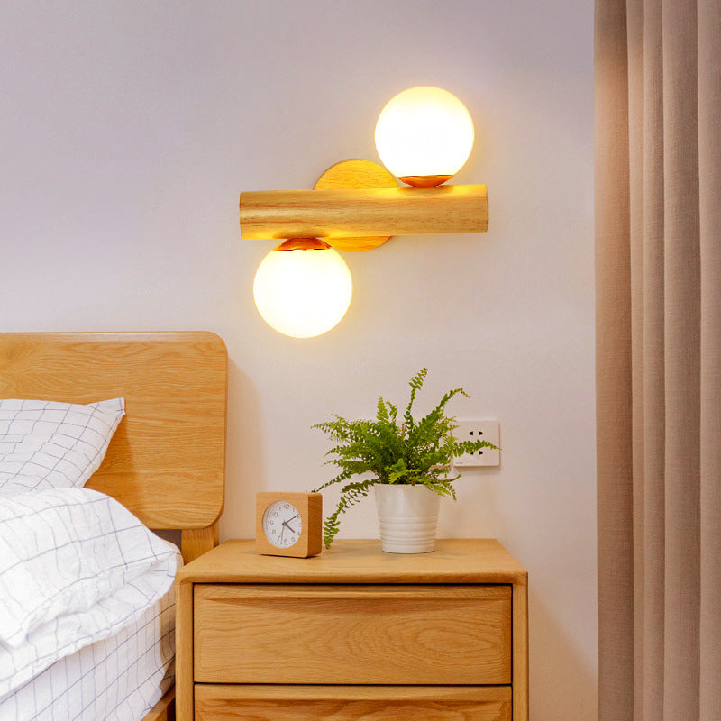 Modern Minimalist Cylinder Orb Wood Hardware Glass 2-Light Wall Sconce Lamp For Bedroom