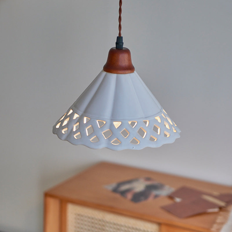 Traditional Chinese Hollow Cone Ceramic Solid Wood 1-Light Pendant Light For Bedroom