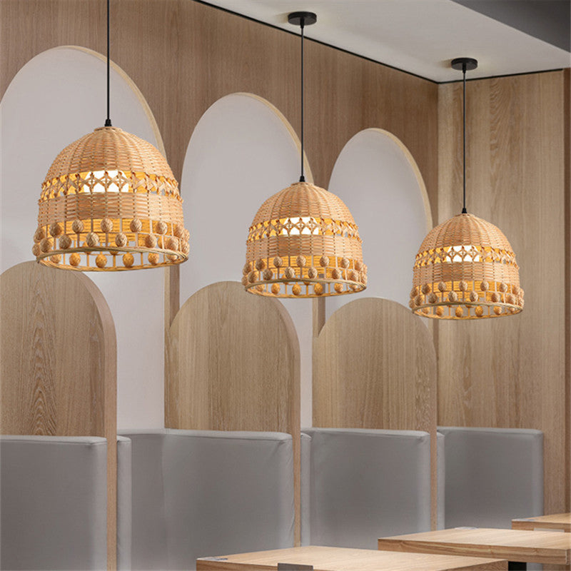 Traditional Chinese Round Dome Bamboo Weaving Hollow 1-Light Pendant Light For Living Room