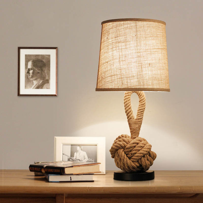 Traditional Rustic Round Iron Hemp Rope Linen 1-Light Table Lamp For Bedroom