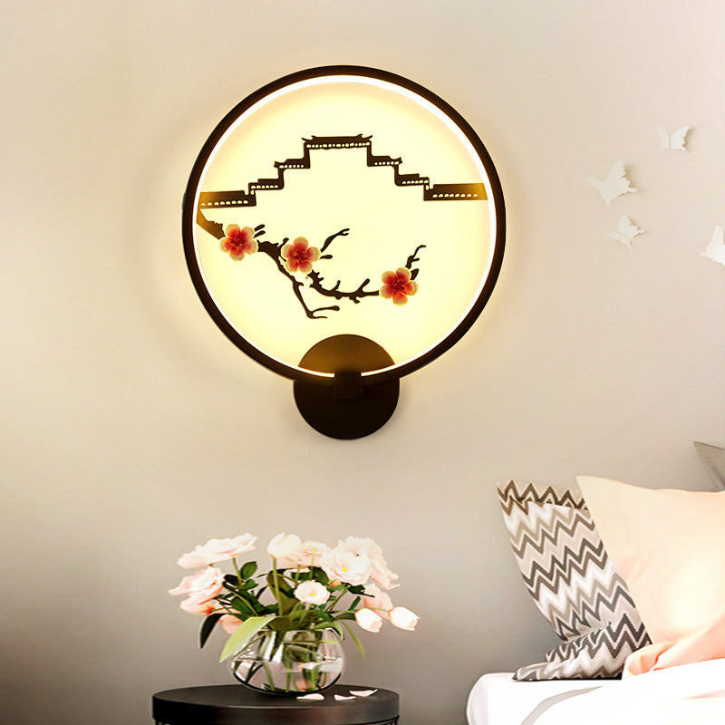 Traditional Chinese Round Plum Blossom Lotus Leaf Aluminum Acrylic LED Wall Sconce Lamp For Living Room