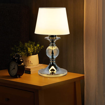 European-style Simple White Fabric Chrome Metal 1-Light Table Lamp