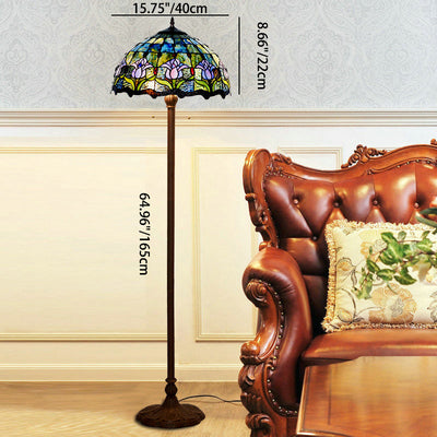 Traditional Tiffany Tulip Stained Glass Dome 2-Light Standing Floor Lamp For Home Office