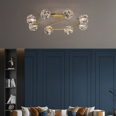 Contemporary Luxury Round Curved Pole Copper Crystal 2/6/8 Light Semi-Flush Mount Ceiling Light For Living Room