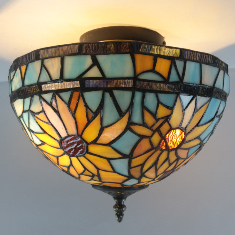 Traditional Tiffany Dome Sunflower Iron Glass 2-Light Semi-Flush Mount Ceiling Light For Hallway