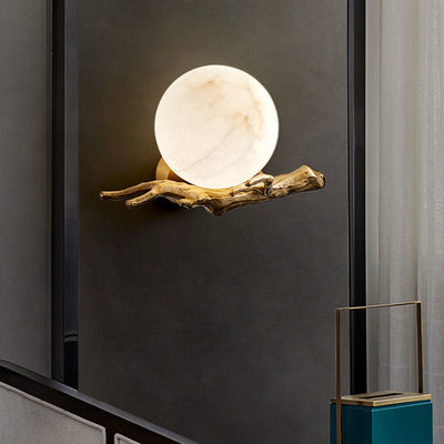 Traditional Chinese Twig Orb Brass Marble LED Wall Sconce Lamp For Living Room