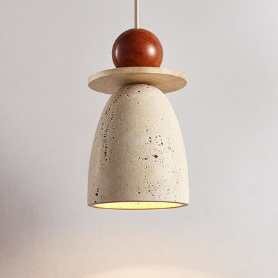 Traditional Japanese Semicircle Travertine Shade Wood 1-Light Pendant Light For Living Room