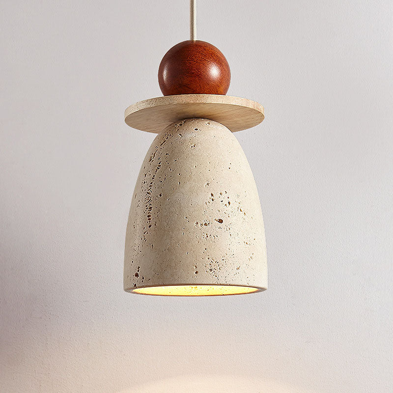 Traditional Japanese Semicircle Travertine Shade Wood 1-Light Pendant Light For Living Room