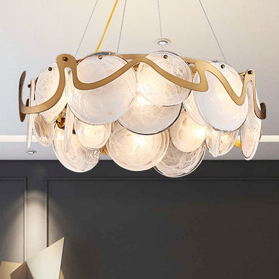 Contemporary Luxury Gold Finish Frame Cloud Texture Glass Disc 8/10-Light Chandelier For Living Room