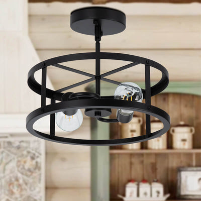 French Industrial Matte Black Wrought Iron Circle 2-Light Flush Mount Ceiling Light