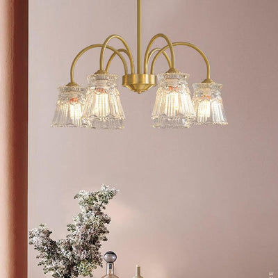 Contemporary Retro Curved Rod Flower Cup Copper Glass 3/5/6 Light Chandelier For Living Room